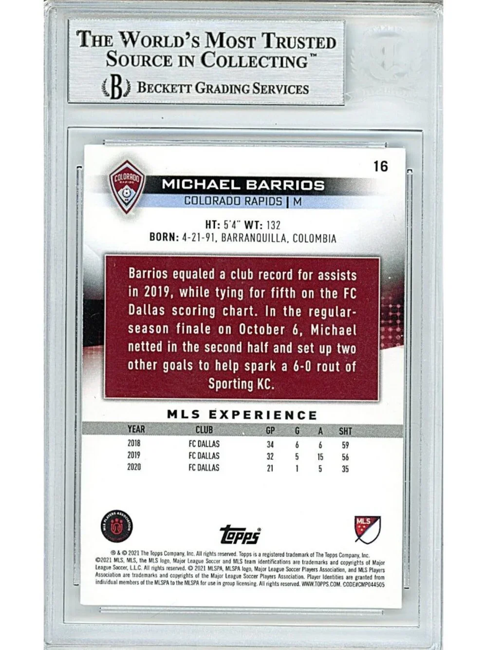 Michael Barrios Signed 2021 Topps MLS Soccer Card Beckett BAS Autograph Slab